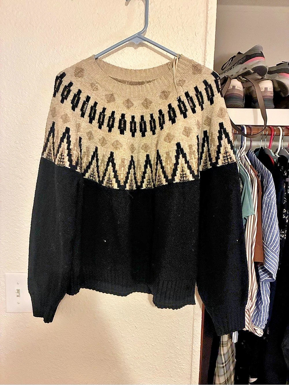 Lucky Brand Fair Isle Yoke Crew Neck Sweater Black & Brown Lsrge